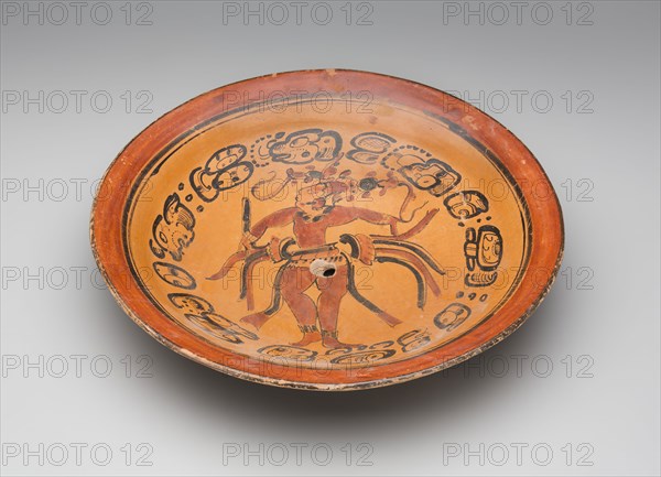 Maya, Precolumbian, Tripod Bowl, between 600 and 900, polychromed redware, Overall: 2 5/8 × 13 5/8 inches (6.7 × 34.6 cm)