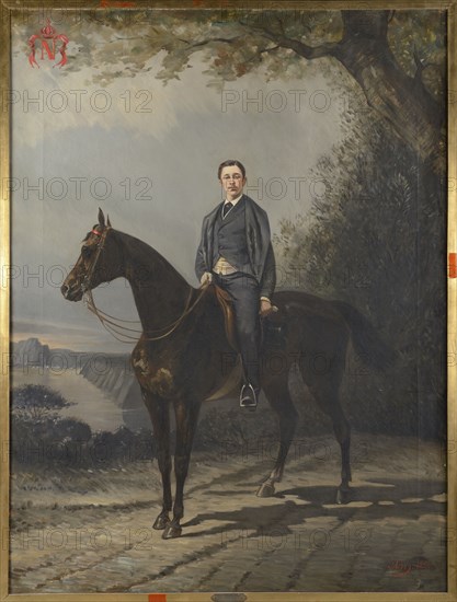 Charles Porion, studio of.
French School, 19th century.
The Prince Imperial  on horseback on the British coast.
Le prince Impérial à cheval en civil sur les côtes anglaises, vers 1878.
"Eugène Louis Jean Joseph Napoléon Prince impérial 1856-1879"
Oil on canvas 123 x 120 cm, dated 1882.

The Prince was the son of exiled French Emperor Napoleon III.


Former Christopher Forbes collection
Private collection