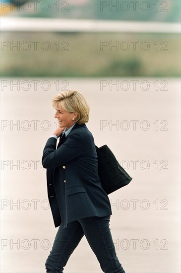 HRH, The Princess of Wales, Princess  Diana,  on her arrival at Sarajevo airport Friday, 8th August 1997  at the start of her two-day tour to publicise the international problem of land mines.
.

Picture taken 8th August 1997