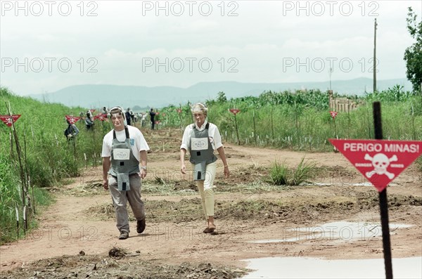 Diana, Princess of Wales during her four day British Red Cross mission to highlight the evil of land mines. The Princess is pictured during a visit to mine fields in Haumbo on the third day of her visit. 15th January 1997.