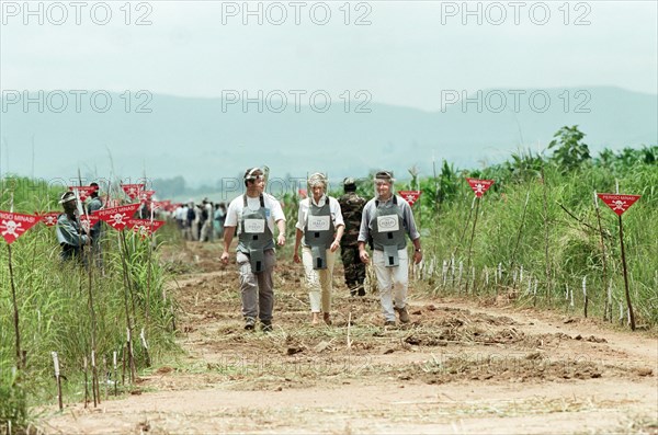 Diana, Princess of Wales during her four day British Red Cross mission to highlight the evil of land mines. The Princess is pictured during a visit to mine fields in Haumbo on the third day of her visit. 15th January 1997.