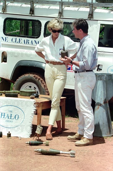 Diana, Princess of Wales during her four day British Red Cross mission to highlight the evil of land mines. The Princess is pictured during a visit to mine fields in Haumbo on the third day of her visit. 15th January 1997.