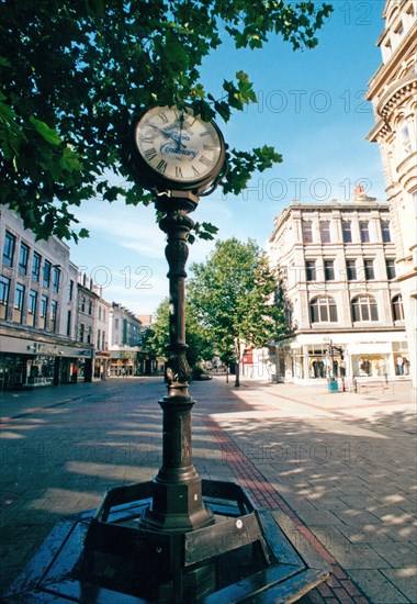 10am on Queen Street, Cardiff, empty on the day of the funeral of Diana, Princess of Wales. 6th September 1997.