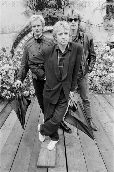 The Police -  pictured in London, during their promotional tour to launch their new single Every Breath You Take, released 20th May, and their first album for over a year, called, Synchronicitiy, released 17th June.

The Police were a British rock band formed in London in 1977.   The Police became globally popular in the late 1970s and early 1980s.  Emerging in the British new wave scene, they played a style of rock influenced by punk, reggae, and jazz.   Aswell as five hit albums, including Outlandos d'Amour and Reggatta de Blanc, they enjoyed global hit singles such as Roxanne, Message In A Bottle and Every Breath You Take.    Band members were Stewart Copeland on drums, Sting (real name Gordon Sumner on lead vocals, bass, and the main songwriter) and Andy Summers on guitar.   Henry Padovani was also their guitarist from January  to August 1977, but left the band before they became famous.

Picture taken 18th May 1983