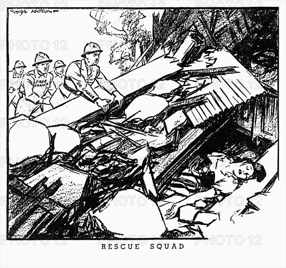 Rescue Squad 25th September 1940 

Drawn by George Whitelaw for the Daily Herald  as the Allies attempted to capture the strategic port of Dakar in French West Africa (modern-day Senegal). 
The invasion attempt failed,  the consequences were mainly political. De Gaulle had believed that he would be able to persuade the Vichy French at Dakar to change sides, but this turned out not to be the case, a result that damaged his standing among the Allies. The failure also meant that for a short period of time the British government lost prestige with the US administration