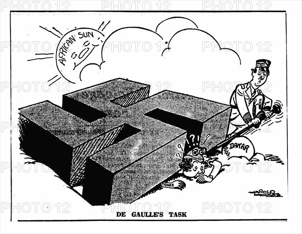 De Gaulle's Task 25th September 1940 

Drawn by Harold Hodges as the Allies attempted to capture the strategic port of Dakar in French West Africa (modern-day Senegal). 
The invasion attempt failed,  the consequences were mainly political. De Gaulle had believed that he would be able to persuade the Vichy French at Dakar to change sides, but this turned out not to be the case, a result that damaged his standing among the Allies. The failure also meant that for a short period of time the British government lost prestige with the US administration