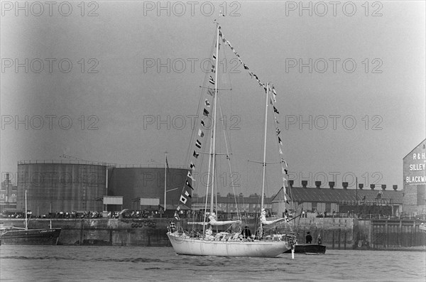 BSir Francis Chichester in his yacht, Gypsy Moth IV, 7th July 1967