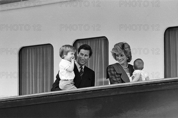 Prince Charles, Prince of Wales and Diana, Princess of Wales are reunited with their sons William and Harry aboard Royal Yacht Britannia in Venice following their two week tour of Italy. 5th May 1985.