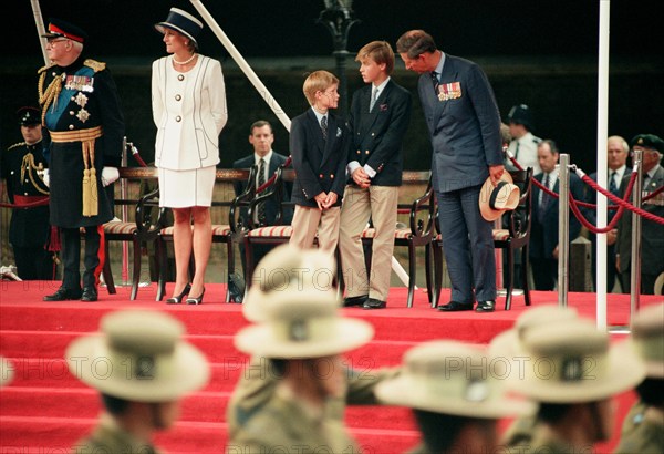 Diana, Princess of Wales, Prince Harry, Prince William and Prince Charles, Prince of Wales attend a service to commemorate the 50th anniversary of VJ Day. 19th August 1991.