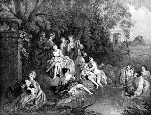 Engravings by Watteau, gallant scene