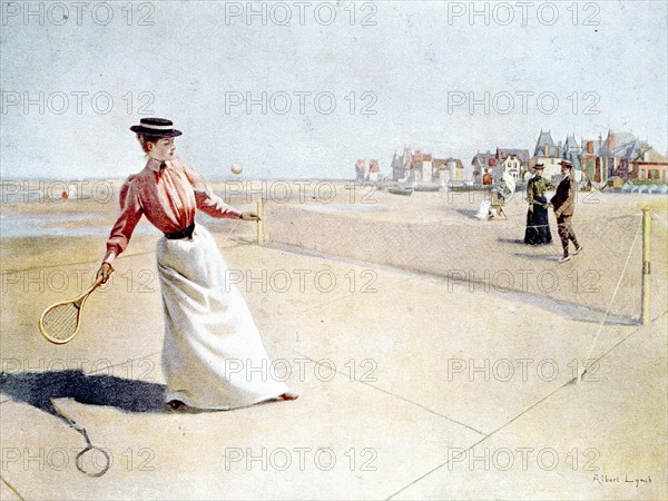 Tennis on the beach, late 19th century, illustrations