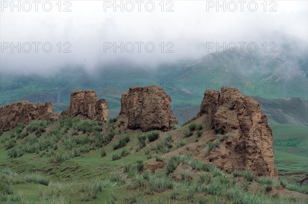 Ruined Great Wall on the top of Wushaoling mountain in Gansu province