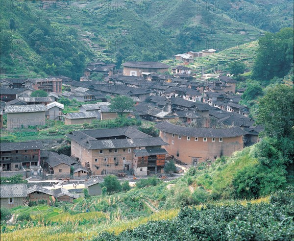 Distant view of Hakka Roundhouses in Longyan, Fujian, China