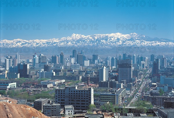 Panoramic view of Urumqi with Bogda Peak in the distance, Xinjiang,China