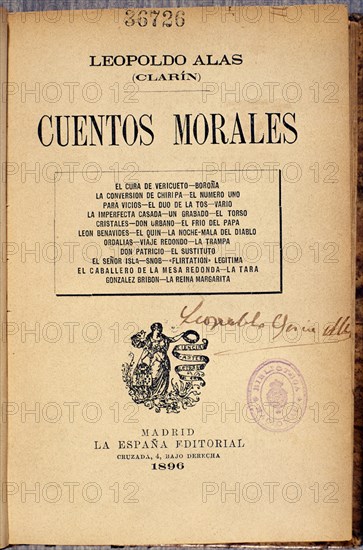 ALAS CLARIN LEOPOLDO 1852/1901
CUENTOS MORALES- 1896
MADRID, BIBLIOTECA NACIONAL
MADRID

This image is not downloadable. Contact us for the high res.