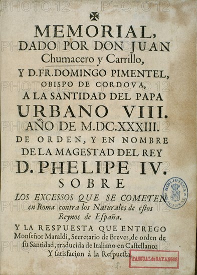 CHUMECERO JUAN
MEMORIAL A EL PAPA URBANO VIII EN 1633
MADRID, BIBLIOTECA NACIONAL PISOS
MADRID

This image is not downloadable. Contact us for the high res.