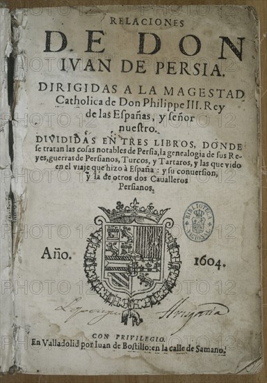 RELACION DE D JUAN DE PERSIA DIRIGIDA A FELIPE III-1604
MADRID, BIBLIOTECA NACIONAL RAROS
MADRID

This image is not downloadable. Contact us for the high res.