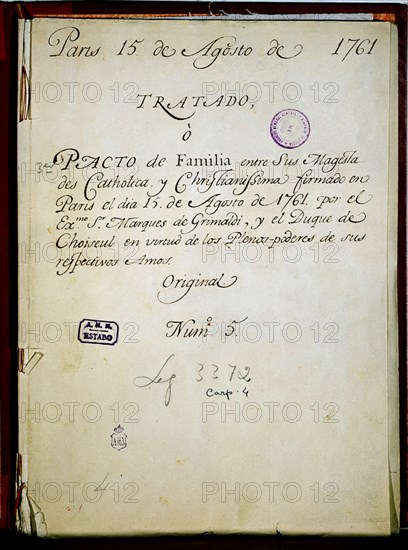 TERCER PACTO DE FAMILIA-PARIS 15-8-1761-ENTRE EL MARQUES DE GRIMALDI Y EL DUQUE DE CHOISEUL
MADRID, ARCHIVO HISTORICO NACIONAL
MADRID

This image is not downloadable. Contact us for the high res.