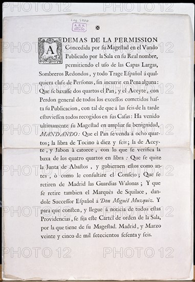 REAL CEDULA-PERMISO USO TRAJE ESPAÑOL,REBAJA PAN,ACEITE,TOCINO,JABON.MUZQUIZ-MADRID25/3/1766
MADRID, ARCHIVO HISTORICO NACIONAL
MADRID

This image is not downloadable. Contact us for the high res.
