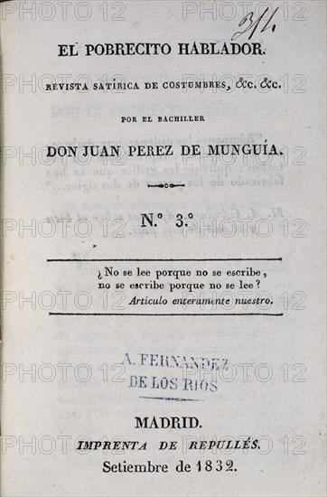 PEREZ DE MUNGUIA J
EL POBRECITO HABLADOR-REVISTA SATIRICA DE COSTUMBRES Nº 3-IMPRIME REPULLES 1832
MADRID, CONGRESO DE LOS DIPUTADOS-BIBLIOTECA
MADRID