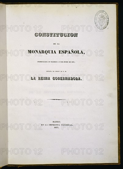CONSTITUCION PROMULGADA EN MADRID EL 18/6/1837-IMPRESA POR ORDEN DE LA REINA GOBERNADORA-IMPRENTA NA
MADRID, CONGRESO DE LOS DIPUTADOS-BIBLIOTECA
MADRID

This image is not downloadable. Contact us for the high res.