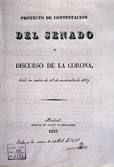 PROYECTO DE CONTESTACION DEL SENADO AL DISCURSO DE LA CORONA-LEIDO EN SESION DEL 28/11/1837
MADRID, SENADO-BIBLIOTECA
MADRID

This image is not downloadable. Contact us for the high res.