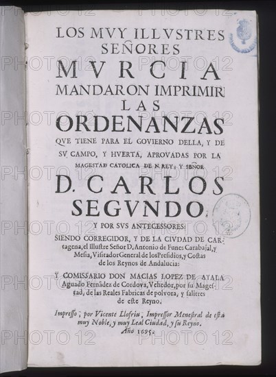 ORDENANZAS DE MURCIA APROBADAS POR CARLOS II Y POR SUS ANTECESORES - 1695
MADRID, SENADO-BIBLIOTECA
MADRID

This image is not downloadable. Contact us for the high res.