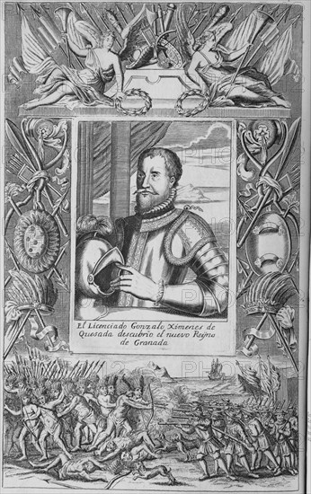 HERRERA Y TORDESILLAS ANTONIO 1549/1625
GONZALO JIMENEZ DE QUESADA - 1509/1579 - ABOGADO LITERATO Y CONQUISTADOR - PORTADA DE HISTORIA GENERAL DE LOS HECHOS DE LOS CASTELLANOS
MADRID, BIBLIOTECA NACIONAL ESTAMPAS
MADRID