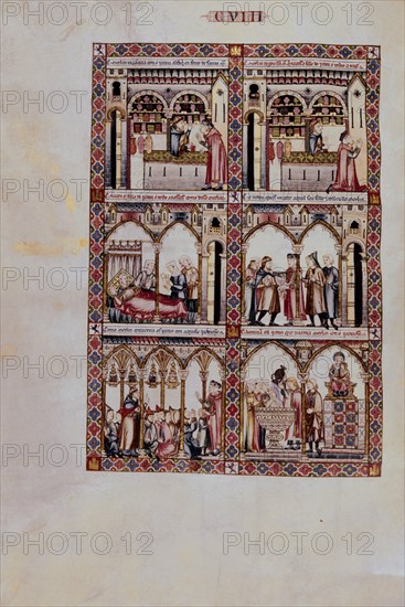 ALFONSO X EL SABIO 1221/84
MTI1-CANTIGA STA MARIA Nº108-F155V-MERLIN PIDE QUE EL HIJO DEL JUDIO NAZCA CON ROSTRO HACIA ATRAS-
SAN LORENZO DEL ESCORIAL, MONASTERIO-BIBLIOTECA
MADRID