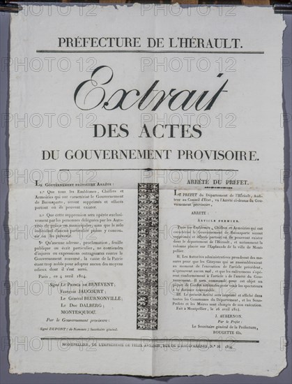 Poster issued by the provisional government forbidding Bonaparte to seize arms in France (1814)