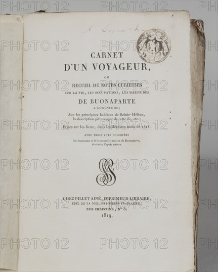 Book from Emperor Napoleon's library on St. Helena island
"Carnet d'un voyageur, ou De Buonaparte à Longwood"