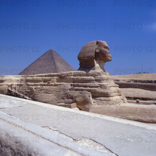 Sphinx of the Giza plateau, view towards the pyramid of Cheops