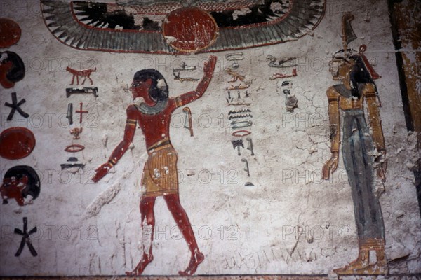 Tomb of Ramses VI: Winged disk, dancing god, "he who is in the upper sky", and the goddess Maat