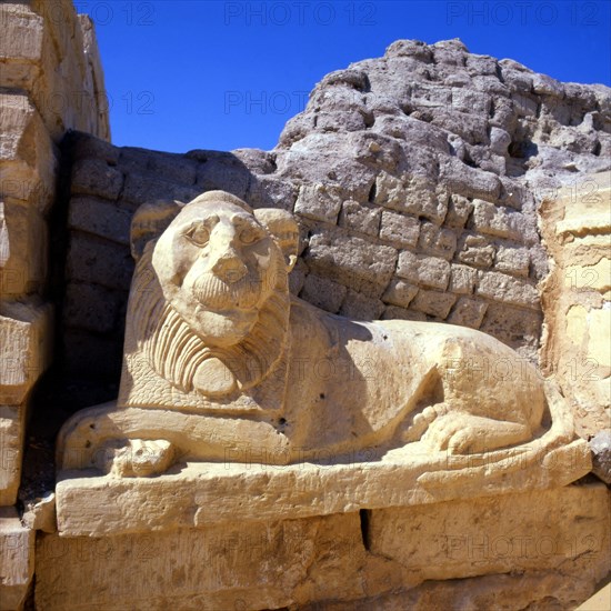 The site of Medinet Madi buried beneath the sands: a lion from the processional avenue