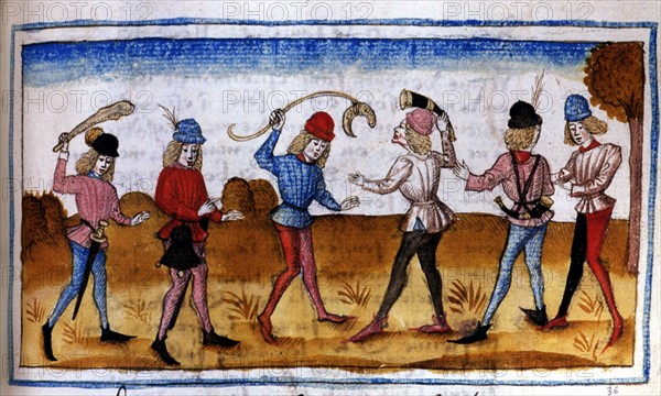 Manuscrit d'Henry de Ferrières, le livre du Roy Modus et de la Royne Ratio, jeunes gens avec cor de chasse