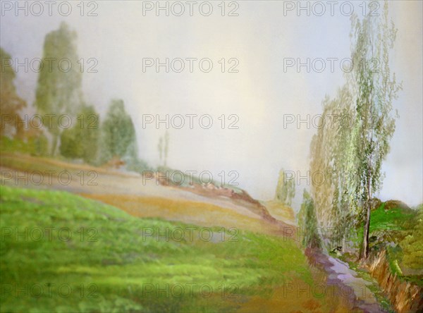 Painted canvas tarp. Rural landscape