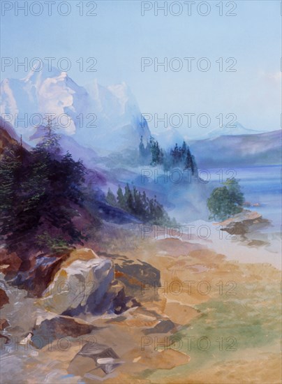 Painted canvas tarp. Mountainous landscape
