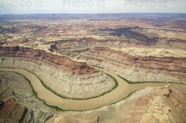 Aerial view of rivers in canyon, Colorado River, Green River, Canyonlands National Park, Moab, Utah, United States. Date : 2007