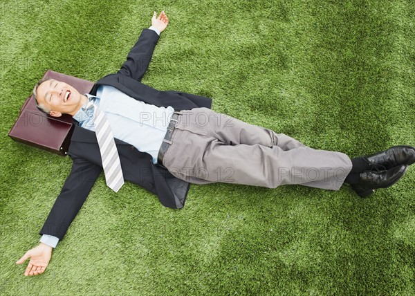 Happy businessman lying on lawn with briefcase under head. Photo : Jamie Grill
