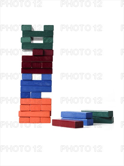 Studio shot of colorful wooden jenga blocks. Photo: David Arky