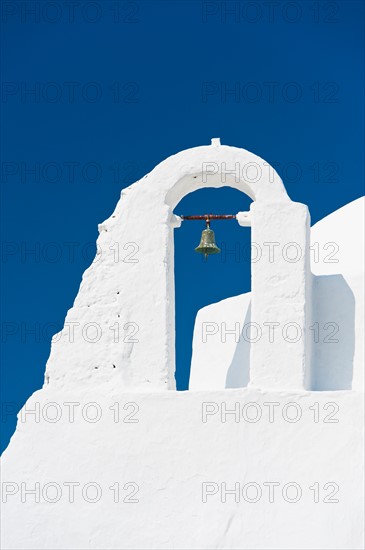 Greece, Cyclades Islands, Mykonos, Paraportiani church bell tower.