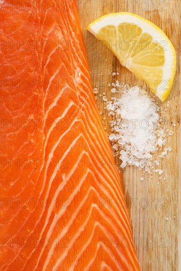 Close up of raw salmon meat, studio shot.