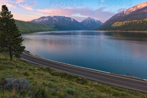 Wallowa Lake and highway at sunset