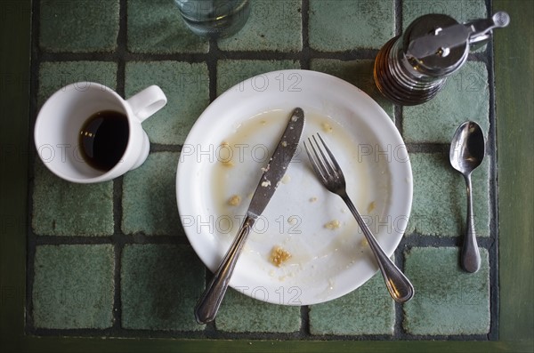 Empty plate with fork and knife