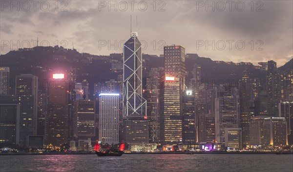 City skyline at sunset in Hong Kong, China