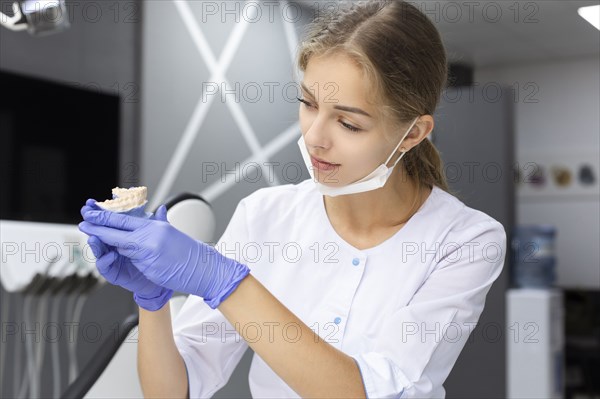 Dental assistant holding model teeth