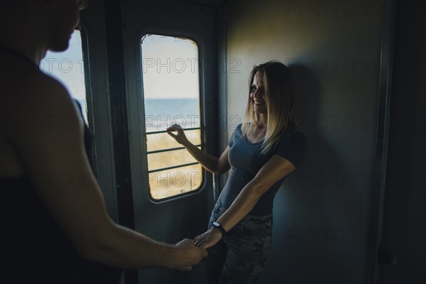 Romantic couple on train