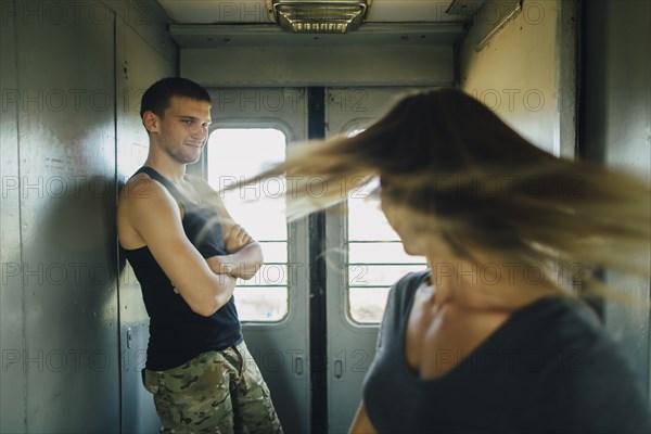 Romantic couple on train