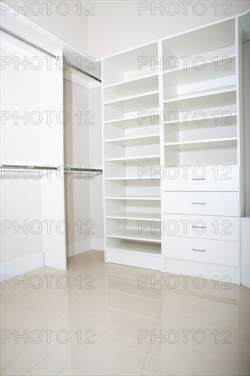 Empty shelves and drawers in modern walk-in closet