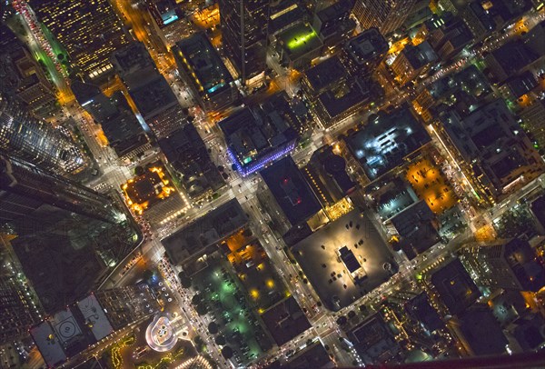 Aerial view of Los Angeles cityscape lit up at night